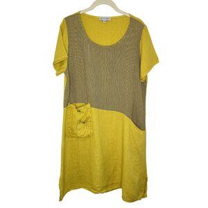 LIN BLANC Colorblock Yellow & Striped Linen Tunic Dress, 36 (S)